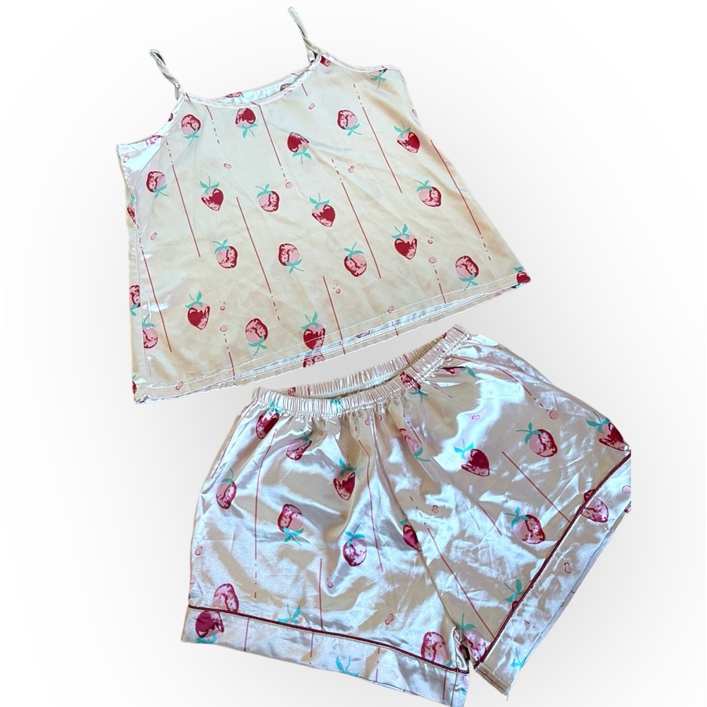Vintage Strawberry Tank Top Silk Pajama Set Large Women’s